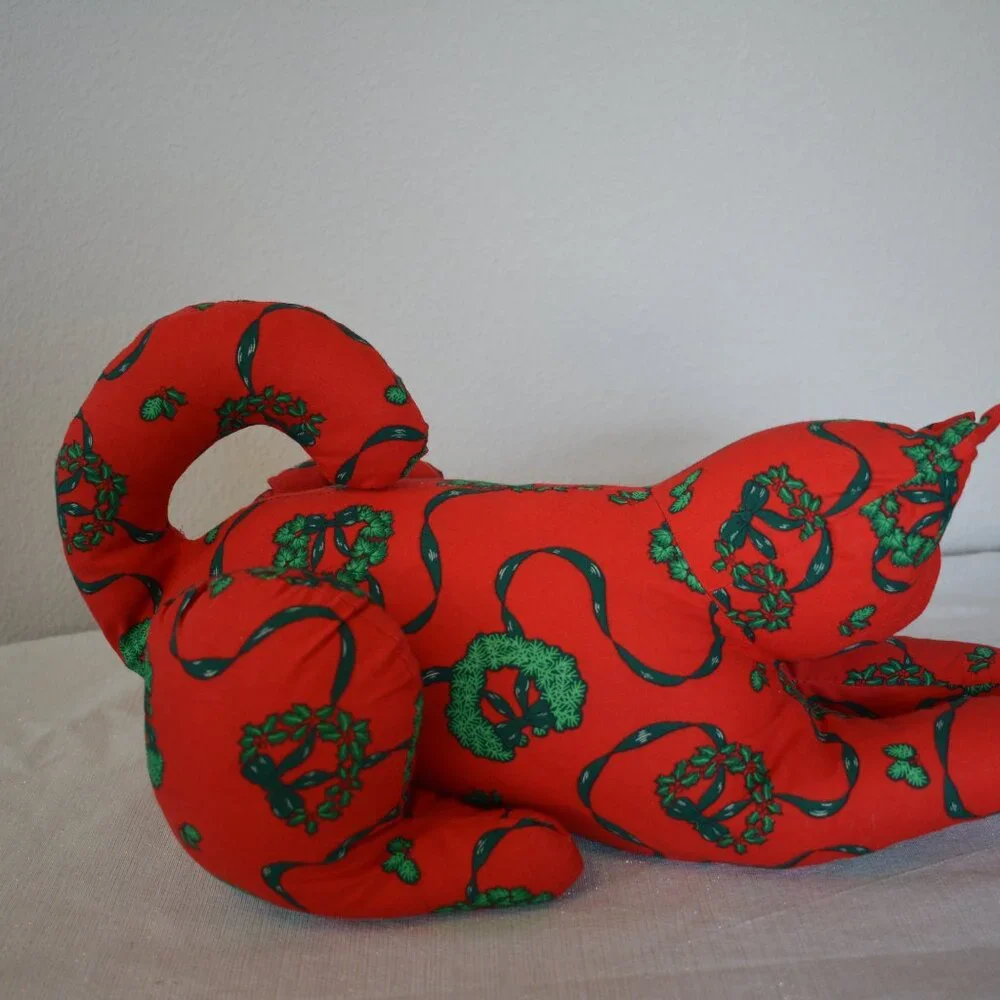 Large red green Christmas Holiday stuffed decor plush cat Handmade Kitty pillow